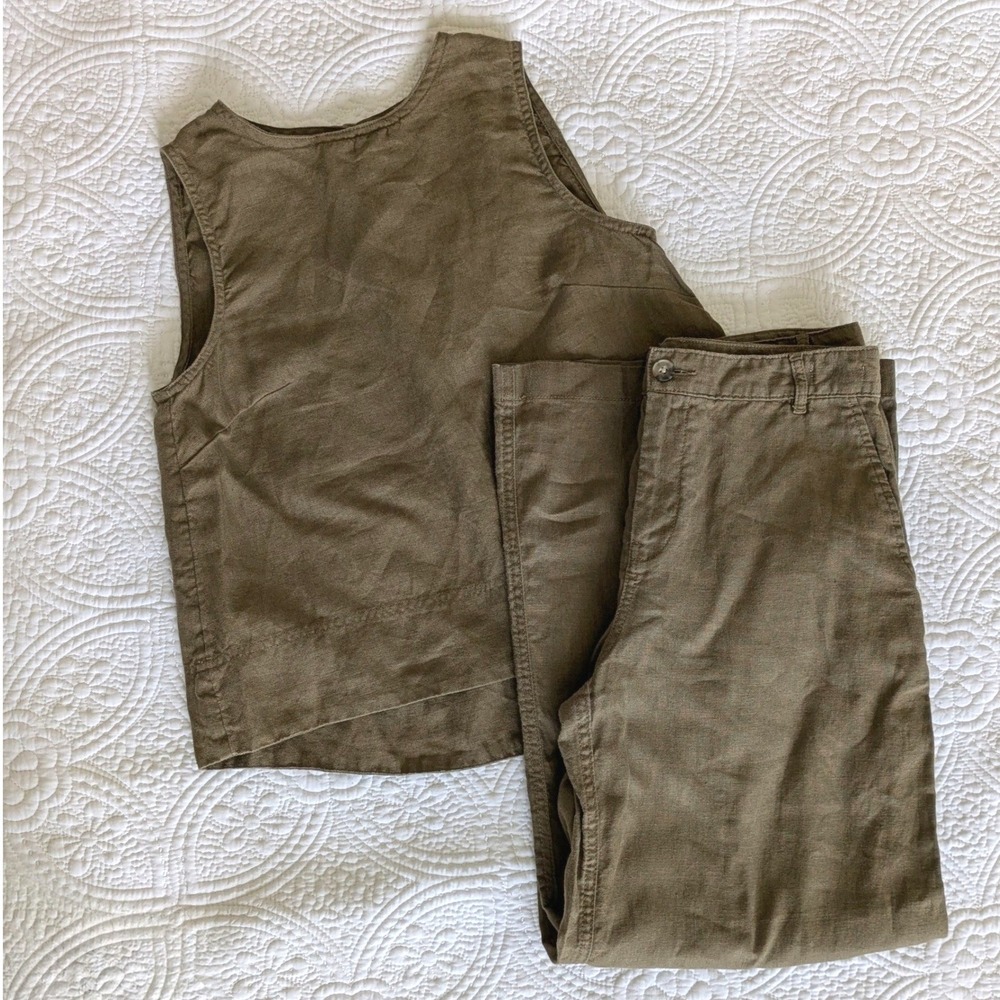 Madewell Linen Pleated Shell & Zoe Relaxed Wide Leg Pants Set Women's S/6P Olive